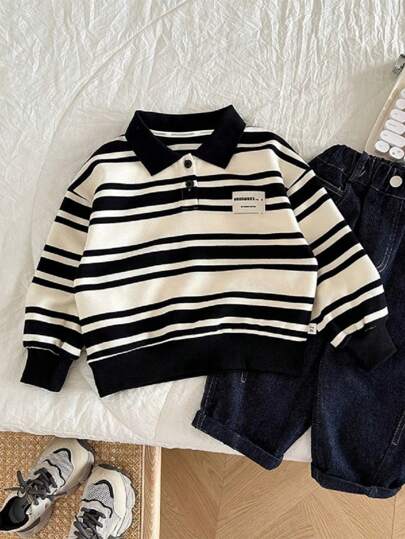Young Boy Striped Print Letter Patched Polo Shirt