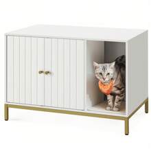 Feandrea Litter Box, Modern Furniture With Scratching Mat, Cat House For Indoor Cats, Side End Table, 31.5 X 19.7 X 21.7 Inches, Simply White And Metallic Gold - 白色 - 查看 3