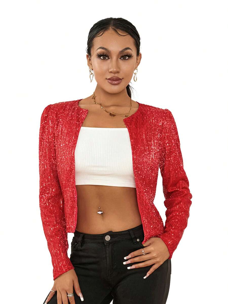Women Sequin Jacket Solid Color Long Sleeve Open Front Crop Cardigan For Club Party - Red - View 1