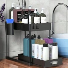1pc Kitchen Sink, Bathroom Simple Storage Rack, Pull-Out Storage Rack, Multi-Function Storage Rack, Home Supplies, Bathroom - Black - View 8