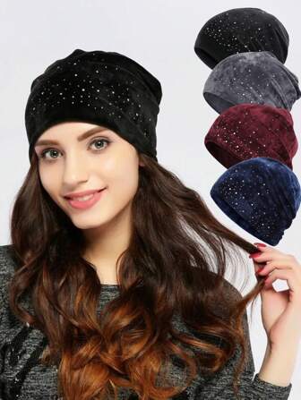 1 件女士水钻装饰天鹅绒宽松无檐小便帽纯色弹性无檐小便帽轻便保暖无檐小便帽