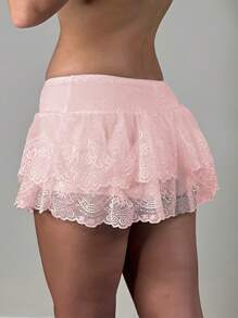 Women's Summer Low Waist Lace Ruffled Solid Color Skirt With Lined Shorts  Soft Flowy For Daily Date Vacation - Hồng - Xem 2