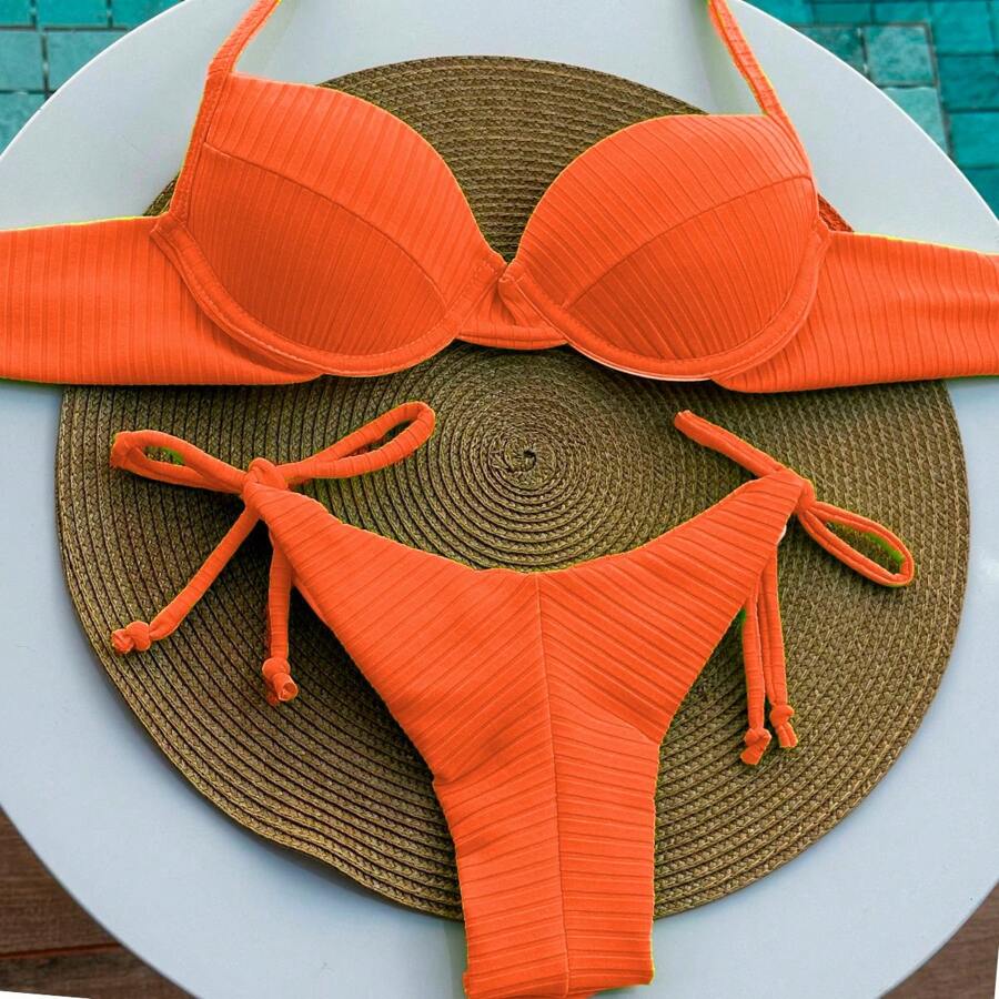 Summer Fashion Textured Ribbed Bikini With Full Underwire Cups, Double String Panties, Semi-String With Side Ties - Orange - View 1