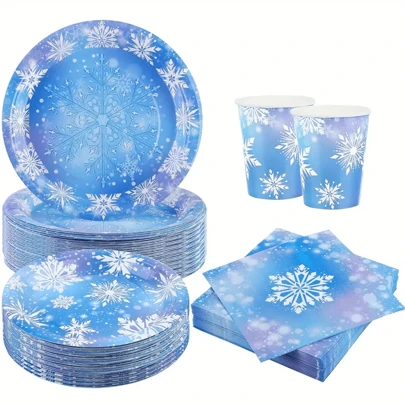 10 件装冰雪奇缘生日派对用品冬季雪花冰雪奇缘盘子餐巾餐具套装冰雪奇缘派对一次性餐具适用于圣诞节冬季仙境装饰