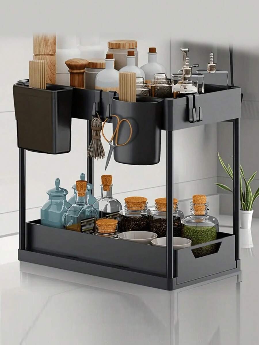 1pc Kitchen Sink, Bathroom Simple Storage Rack, Pull-Out Storage Rack, Multi-Function Storage Rack, Home Supplies, Bathroom - Black - View 1