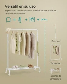 SONGMICS Burro para Ropa, con Ruedas, Perchero Burro con Barra, Almacenaje Multifuncional, Estructura de Tubo de Acero, Carga de 50 kg, Ancho de 103.5 cm, Blanco MHSR131W01 - Blanco - Ver 2