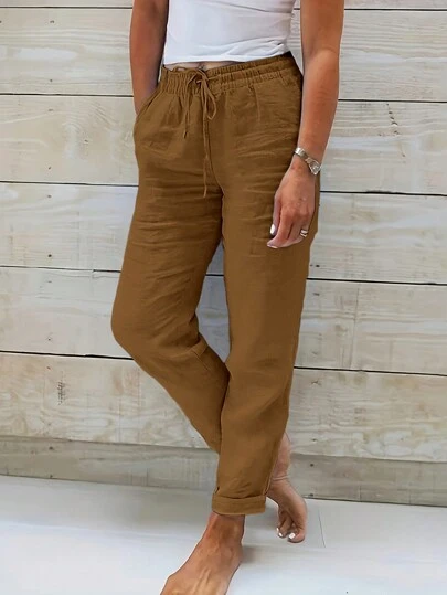 Jisfaneya Solid Color Elastic Waist Drawstring Tapered Creased Fabric Brown Cropped Pants Casual Resort Wear Everyday Versatile Spring/Summer Tapered Pants