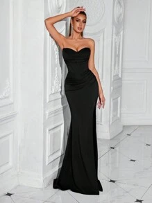 Vestito da sera elegante ADYCE PRO da donna, con scollo a barca, volant a lisca di pesce, plissettato, senza schienale, con spacco frontale, per cerimonie e feste