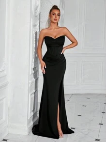 Vestito da sera elegante ADYCE PRO da donna, con scollo a barca, volant a lisca di pesce, plissettato, senza schienale, con spacco frontale, per cerimonie e feste