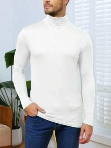 Men's Solid Color Fleece Lined Turtleneck Long Sleeve T-Shirt, Comfortable And Warm For Autumn/Winter