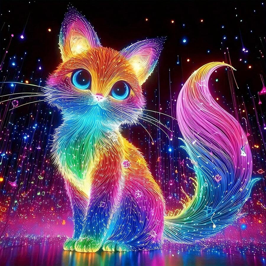 5D创意闪亮彩色猫咪图案无框钻石画套装，5D钻石画套装（含钻石宝石），家居墙面装饰工艺品，20*20厘米/7.87x7.87英寸