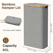 Cesto de ropa estrecho con tapa, de 65L, cesta de ropa con asas de bambú, cesto alto y delgado plegable para dormitorio, baño, dormitorio universitario, lavandería