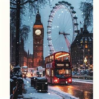 Kit de pintura de diamantes 5D DIY - Escena de Big Ben y noria de invierno en Londres, pintura de arte de diamantes de taladro completo redondo apropiada para principiantes, mejor regalo artesanal y decoración para el hogar