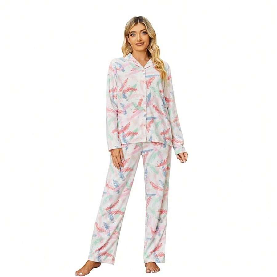Pajamas Women Printed Sleepwear Button Down Lounge Soft Summer Pjs Long Set S-XXL