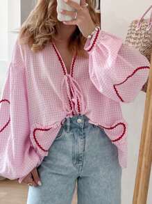 Women Long Sleeve Shirts Heart Embroidery Plaid Front Bowknot Tie-Up Blouses Fashion Spring Summer Casual Tops - 粉色 - 查看 5