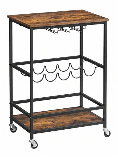  VASAGLE Carrito con Ruedas, Carrito de Cocina, 40 x 60 x 82 cm, Carrito de Servicio con Soportes para Vasos y Botellas, Estilo Industrial, Marrón Rústico y Negro