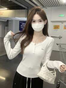 秋冬韩版蕾丝拼布半开领纽扣修身长袖T恤打底衫 - 白色 - 查看 3