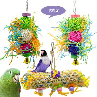 3pcs/Set Parrot Toys, Paper Shredder Colorful Vine Ball, Tiger Pattern Chew Toys For Large Birds, Cage Decorations