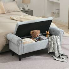 1 Piece Of Shoe-Changing Bench With Storage Space, Bed-End Storage Bench, Storage Ottoman With Hinges, Padded Storage Stool With Seat, Suitable For Bedroom, Living Room - 淺藍色 - 查看 4