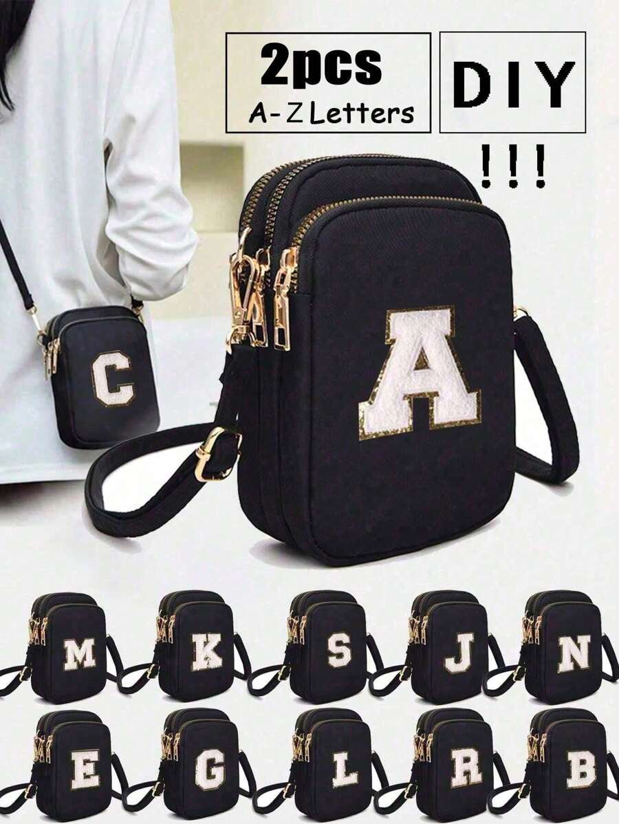 2 Peças Bolsa Transversal Fashion Casual Mini para Caminhada com Bolsa de Tecido para Celular, Porta-moedas Vertical para Mulheres e Meninas, Presentes para Volta às Aulas, Outono e Inverno, Dia dos Namorados (Adesivos de Letra DIY) - Preto - Visão 1