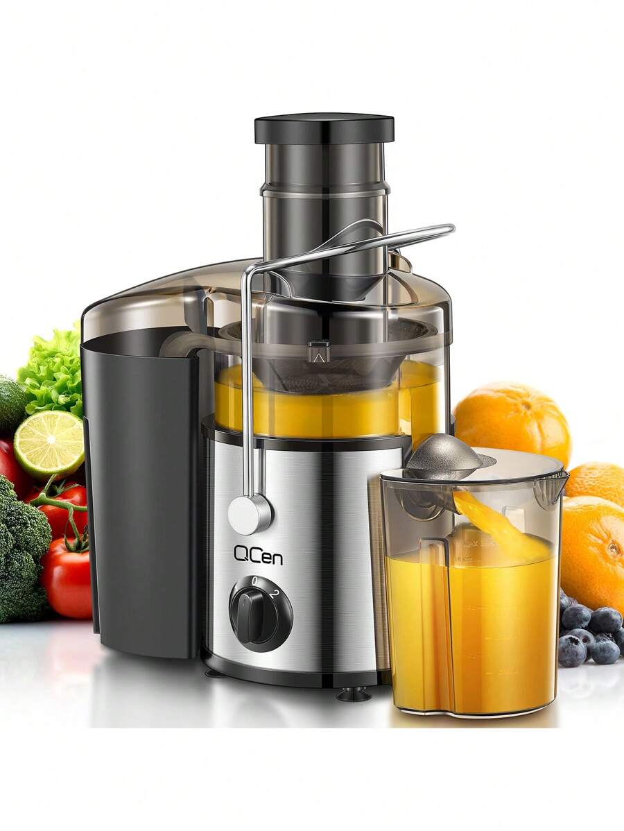 QCen Powerful Centrifugal Juicer, 500W With 3" Wide Mouth Feed Chute – Perfect For Whole Fruits & Vegetables, Easy To Clean, Stainless Steel, Space-Saving Design, Great For Healthy Juices At Home. - 美規A型插(110-127V) - 查看 1