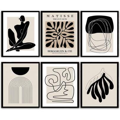 Boho Wall Art Mid Century Modern Decor Canvas Prints Set Of 1/3/6 Pcs Black And White Neutral Abstract Boho Wall Decor For Bedroom Living Room Bathroom (Unframed-Style)
