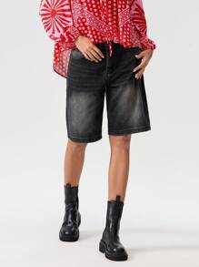 Women's Knee Length Denim Shorts Loose Solid Color Low Rise Wide Leg Long Shorts With Pockets For Summer - Dark Grey - View 6