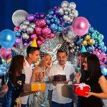 Set de 135 piezas de decoración de arco de bola de discoteca, que incluye globos de bola de discoteca en plata, azul, verde, morado, rosa y dorado, globos de foil de estallido de estrella, adecuado para decoración de fiesta de cumpleaños, década de los 70, 80 y 90, fiesta de disco, regreso a la escuela, Día de San Valentín