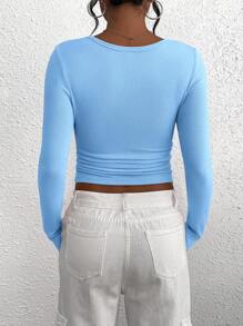 Women's Autumn Long-Sleeved Henry Shirt T-Shirt Button Ribbed Knit Fashion Tight Basic Top Shirt - 淺藍色 - 查看 5