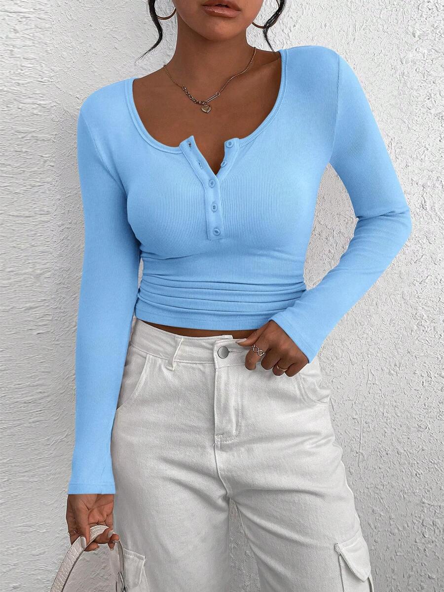 Women's Autumn Long-Sleeved Henry Shirt T-Shirt Button Ribbed Knit Fashion Tight Basic Top Shirt - 淺藍色 - 查看 1