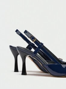 Women's Pointed Toe Strap Buckle High Heel Pumps, Elegant, Party - Navy Blue - View 8