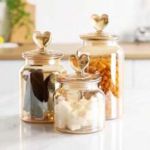 Set Of 3 Hermetic Amber Glass Jars Decor Affection Heart 650ml - Tuut - 米色 - 查看 8