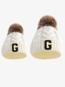 2pcs Parent-Child 26 Letters Pompom Soft Knit Warm Cute Personalized Fashion Beanies For Toddler Boys & Girls, Suitable For Infant Family Autumn Winter Daily Wear, Great As Christmas, New Year, Birthday Gift - White - View 26