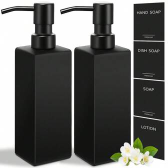 2pcs 350ml Square Black Frosted Glass Soap & Shower Lotion Dispenser With Black Corrosion-Resistant Stainless Steel Press Pump,Soap Bottle Absorption Liquid Shower Gel Bottle Set, For Home, Hotel, Bathroom Countertop, Kitchen Sink Hands Soap , Washbasins,Shampoo And Dishes Detergent Storage Bottle,12oz Refillable Empty Shampoo Conditioner Container For Bathroom Shower Supplies Bottle, Stylish Home Deco, Gift Home Bathroom Decor Fall Decor Back To School