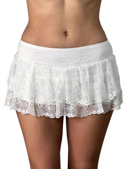 Women's Summer Casual Skirt Solid Color Low Waist Lace Ruffled Skirt With Lined Shorts
