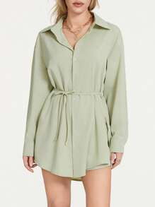 Women Jumpsuit, Long Sleeve Turn-Down Collar Button-Down Shirt Bodysuit Streetwear