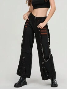 Women Cargo Jeans, Striped Zipper Button Closure Loose Casual Trousers Streetwear With Pockets - 橘色 - 查看 6