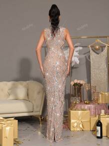 Modphy Vestido largo de rejilla transparente con cuello de pie de diamantes de cristal brillantes, sin mangas, ajustado. Vestido de gala sexy formal para dama de honor, fiesta de boda, ocasión nocturna, vestido para invitado de boda