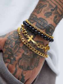 4pcs/Set Punk Cross Beaded Stainless Steel Chain Bracelet Set, Suitable For Men, Versatile For Daily Wear, Party, Birthday, Christmas, Valentine's Day, Thanksgiving, New Year Gift