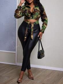 Plus Size Women Camouflage Reversible Long Sleeve Wrap Around Tie Jacket