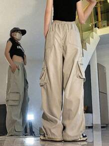 High Waist Y2K Solid Color Cargo Pants Women Baggy Flap Pocket Cargo Pants - Grey - View 2