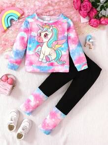 2pcs/Set Girls Cute Cartoon Colorful Little Pony Print Round Neck Long Sleeve Sweatshirt + Spliced Long Pants Casual Stylish Outfits