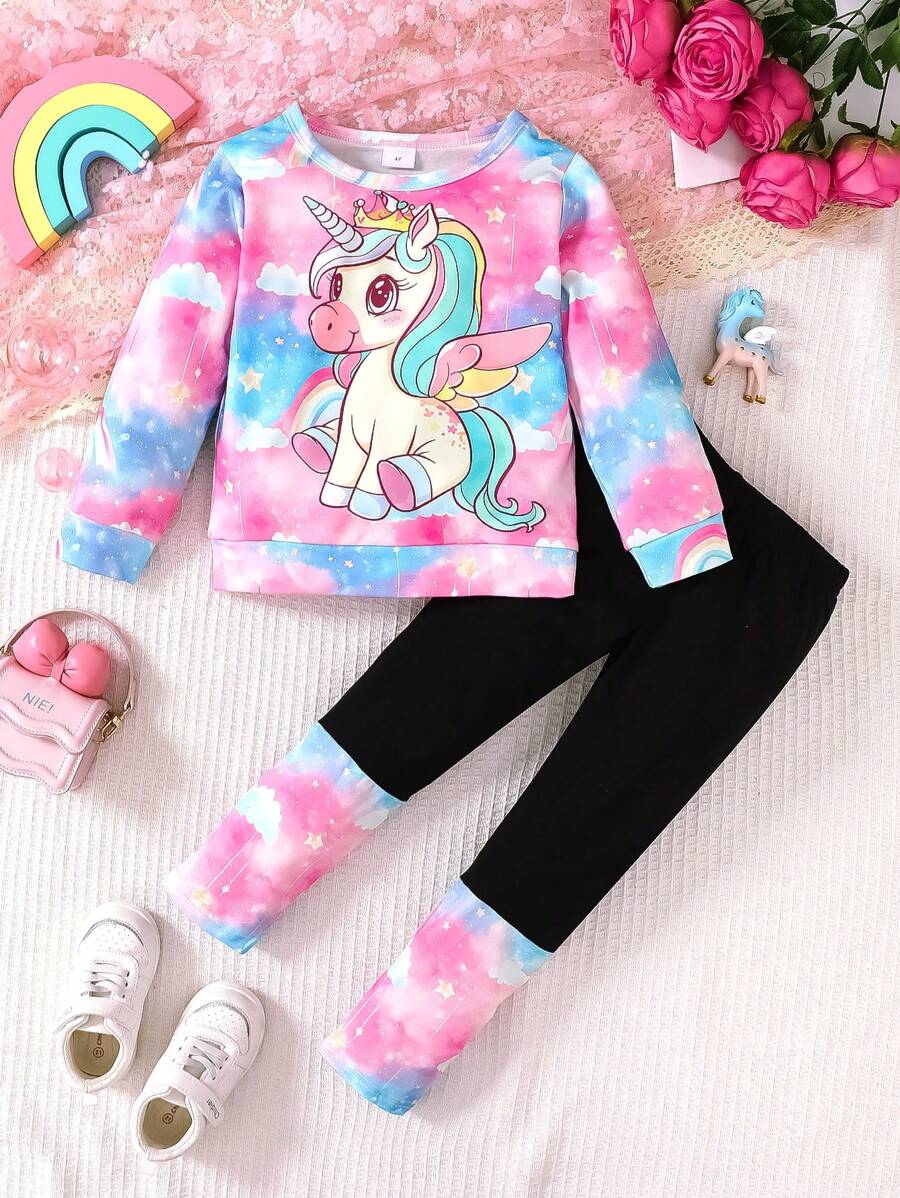 2pcs/Set Girls Cute Cartoon Colorful Little Pony Print Round Neck Long Sleeve Sweatshirt + Spliced Long Pants Casual Stylish Outfits