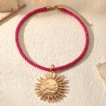 Minimalist Rope Sun Pendant Necklace For Women - Rose Red Rope Sun Pendant - View 3