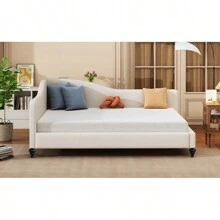 Full Size L-Shaped Linen Daybed With Solid Wood Legs Beige OLD SKU: SF000146AAA