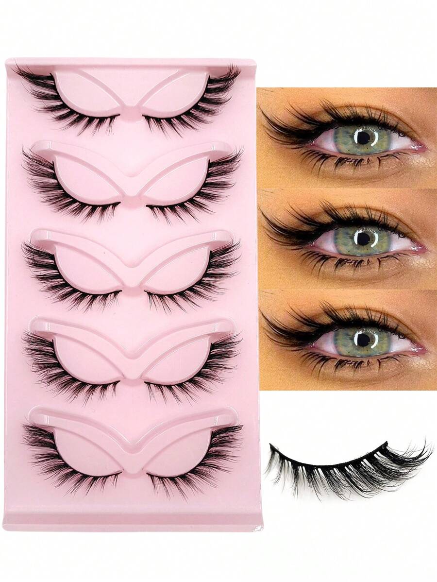 Asiteo 5 Pairs Cat Eye False Eyelashes, Natural Long Wispy Faux Mink Lashes, Soft & Delicate, Suitable For Beginners, Eye Makeup, Eyelash Extensions - Black - View 1