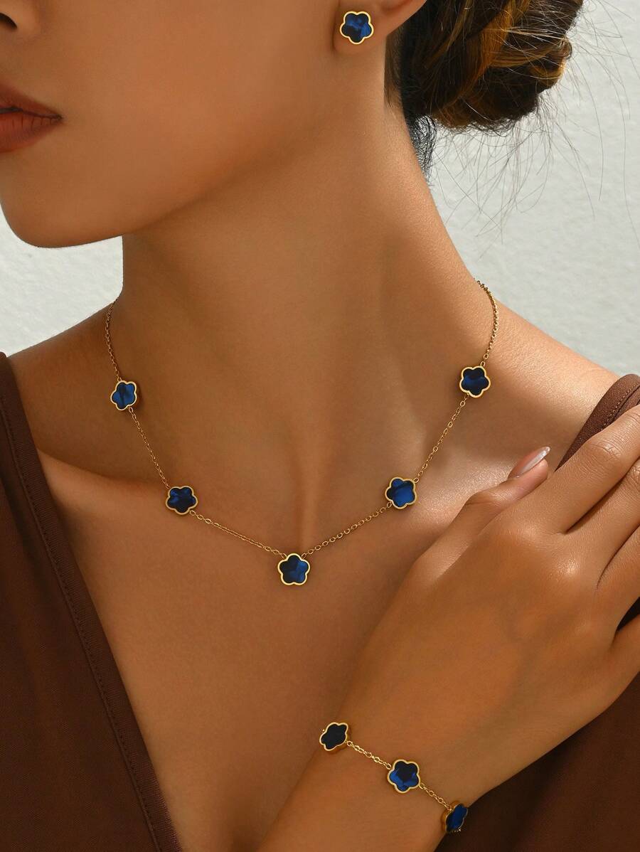 Juego de 4 piezas de nuevos pendientes, pulsera y collar con forma de flor de 5 pétalos de acero inoxidable y perlas imitación para San Valentín, mamá, madre, Día de la Madre, regalo