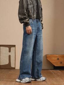 Moda masculina Loose Fit Distressed Slant Pocket Calças jeans de perna larga - Lavagem Média - Ver 5