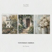 Set Of 3 Vintage Cottage Rose Garden Hydrangeas Oil Painting Print, Rustic Flower Wall Art, Botanical Canvas Poster, Neutral Spring Wall Decor, Ideal Gift For Living Room, Bedroom, Office, Dorm, Cafe, Bar, Hallway, Home And Room Decoration, Unframed Gifts Birthday Graduation