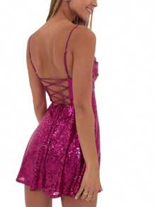 Women Shiny Sequins Dress Summer Backless A-Line Mini Party Dress For Cocktail Beach Streetwear - Hot Pink - View 3